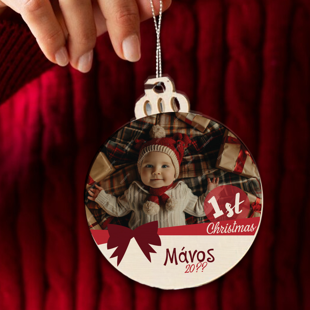 Ξύλινο Στολίδι με Φωτογραφία, τα πρώτα Χριστούγεννα με Όνομα