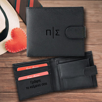 Μαύρο με κούμπωμα Δερμάτινο Πορτοφόλι με Αρχικά