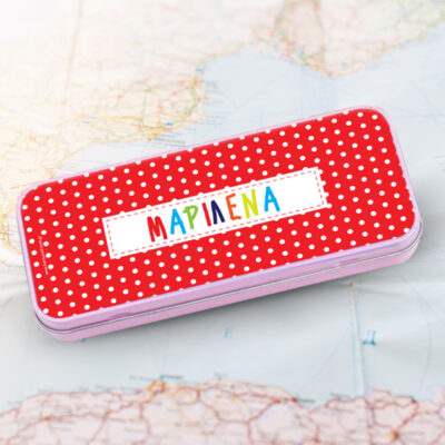 Σχολική Κασετίνα με πουά, Μεταλλική με Χρωματιστό Όνομα