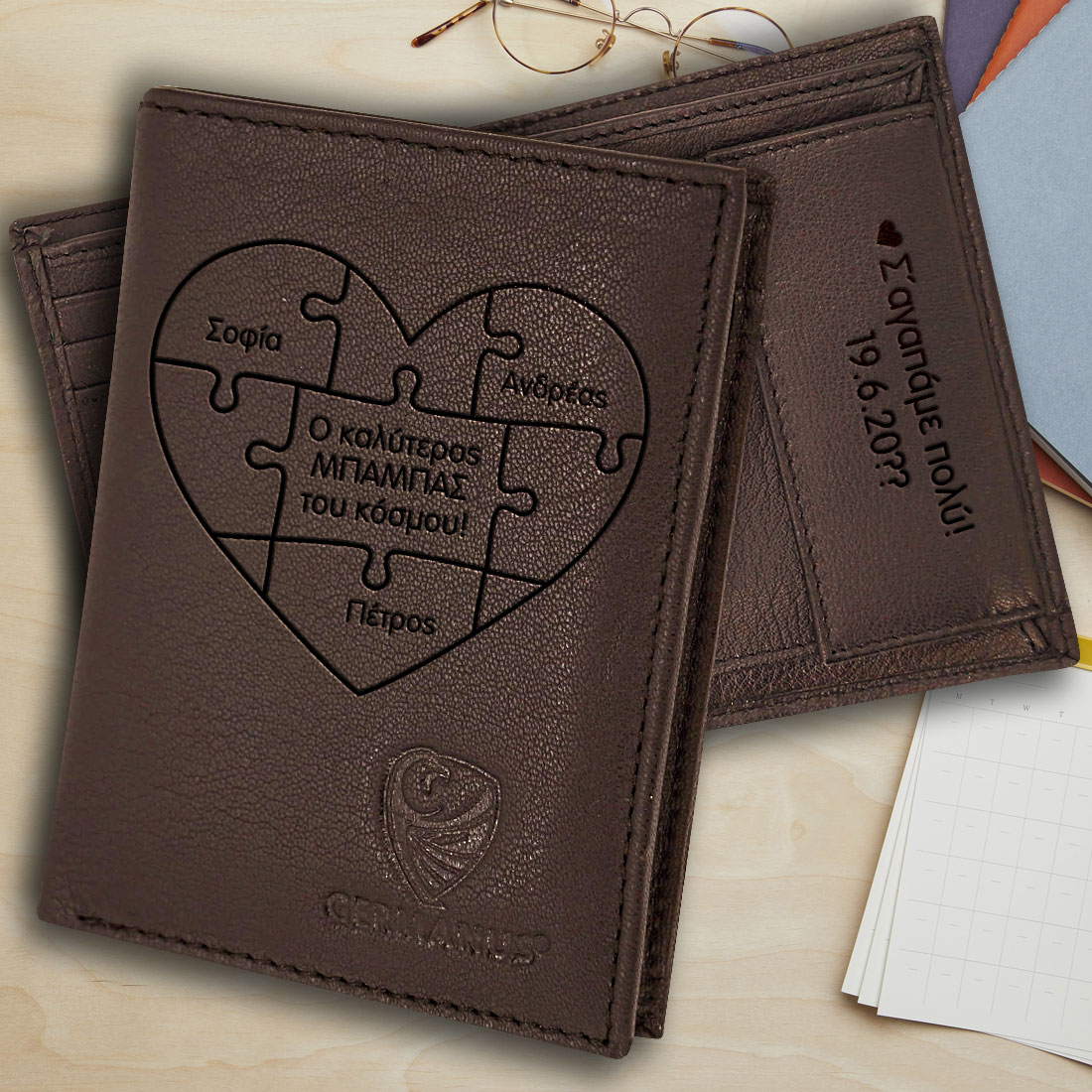 Δερμάτινο Ανδρικό πορτοφόλι με χάραξη Ονόματα σε καρδιά puzzle
