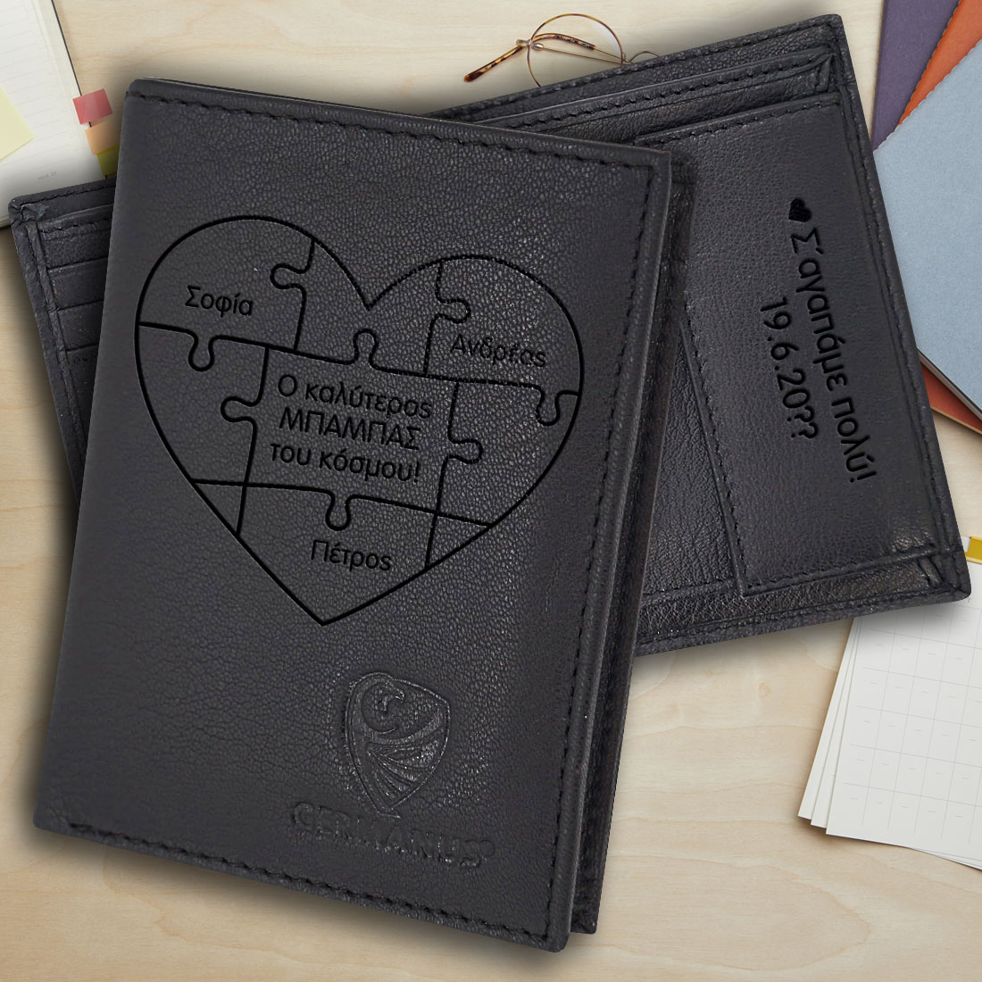 Δερμάτινο Ανδρικό πορτοφόλι με χάραξη Ονόματα σε καρδιά puzzle - Image 2