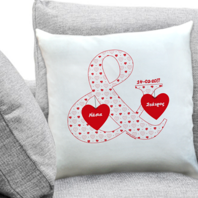 Μαξιλάρι Veloute διακοσμητικό με καρδίες, Ονόματα και Ημερομηνία