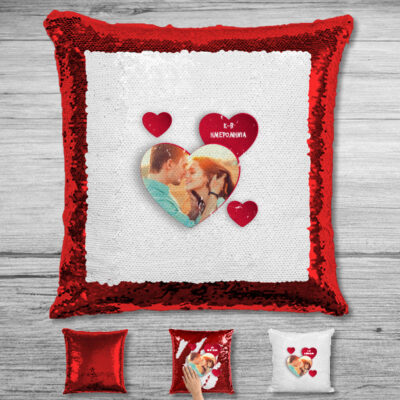 Μαξιλάρι με Παγιέτες, Φωτογραφία, Καρδιές, Διακοσμητικό με αρχικά