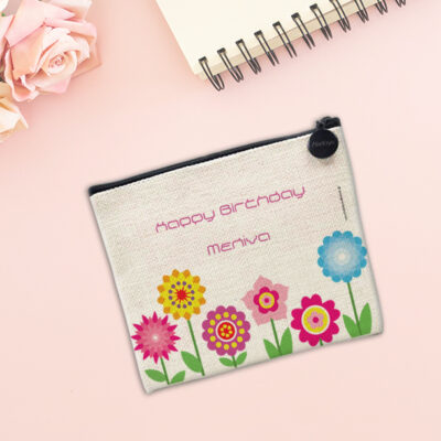 Πορτοφολάκι με λουλούδια Happy Birthday με Όνομα