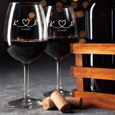 Σετ 2 Γυάλινα Ποτήρια Κρασιού με Αρχικά, Ημ/νία